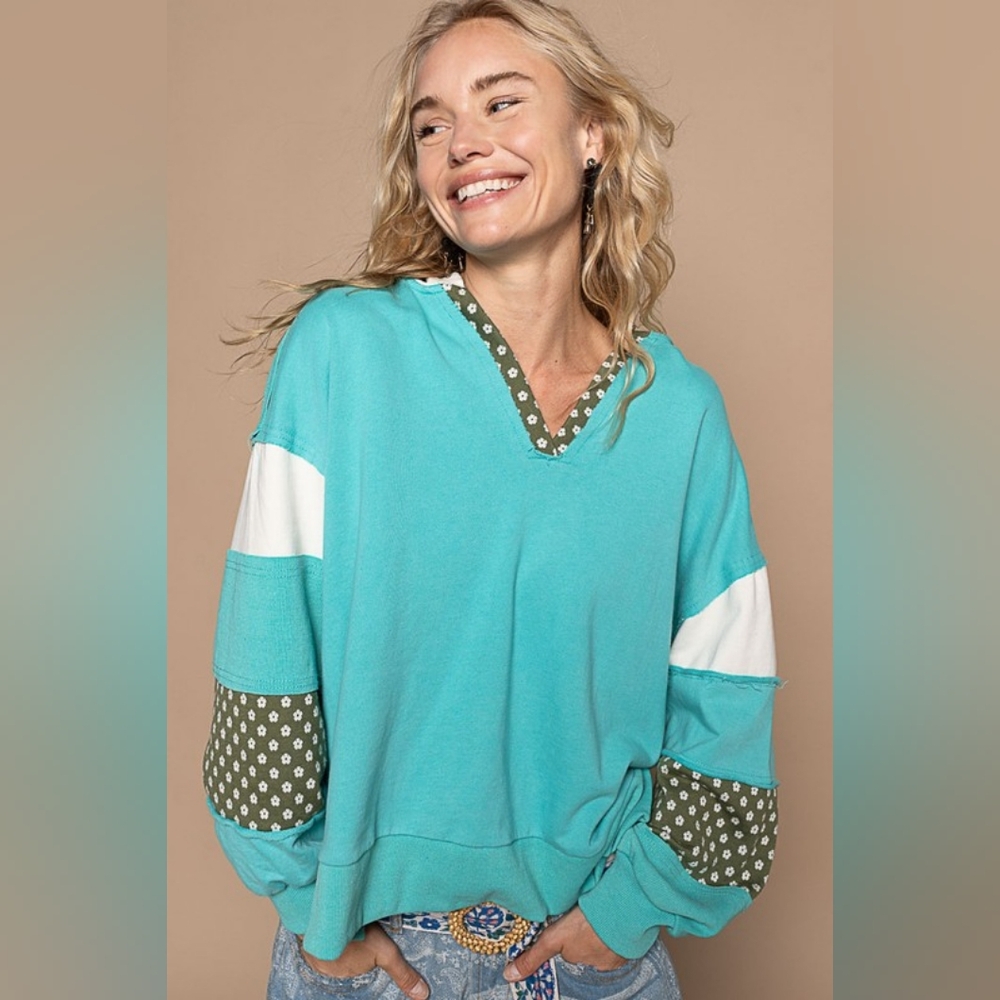 POL Hoodie Floral Contrasting Patchwork Top French Terry Exposed Seam Sweatshirt